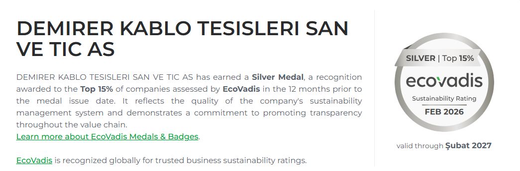 Demirer Kablo Recognized with EcoVadis Silver Medal for Sustainability Performance
